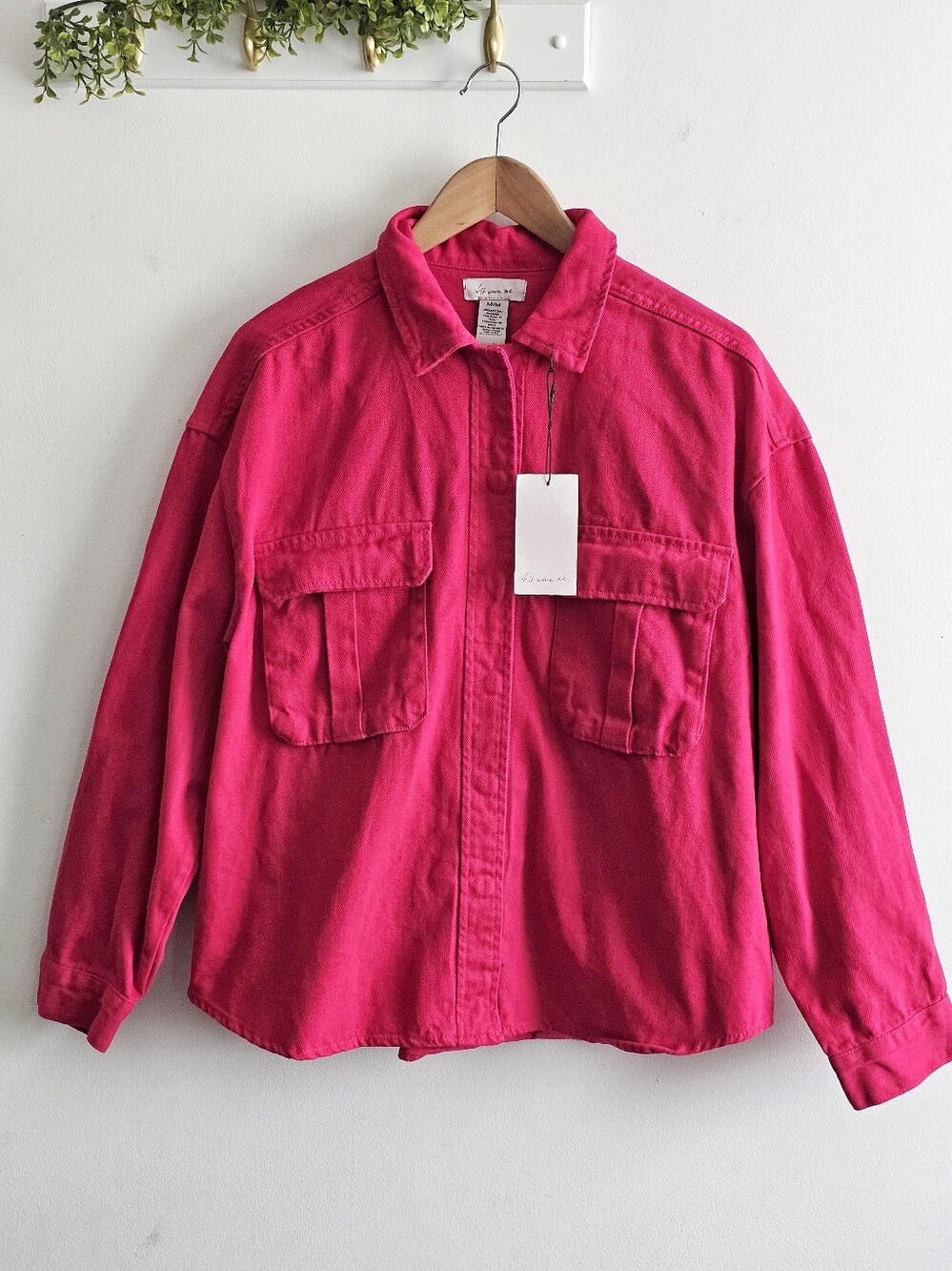NWT If It Were Me Raspberry Red Cotton Utility Shacket Snap Front Jacket Medium